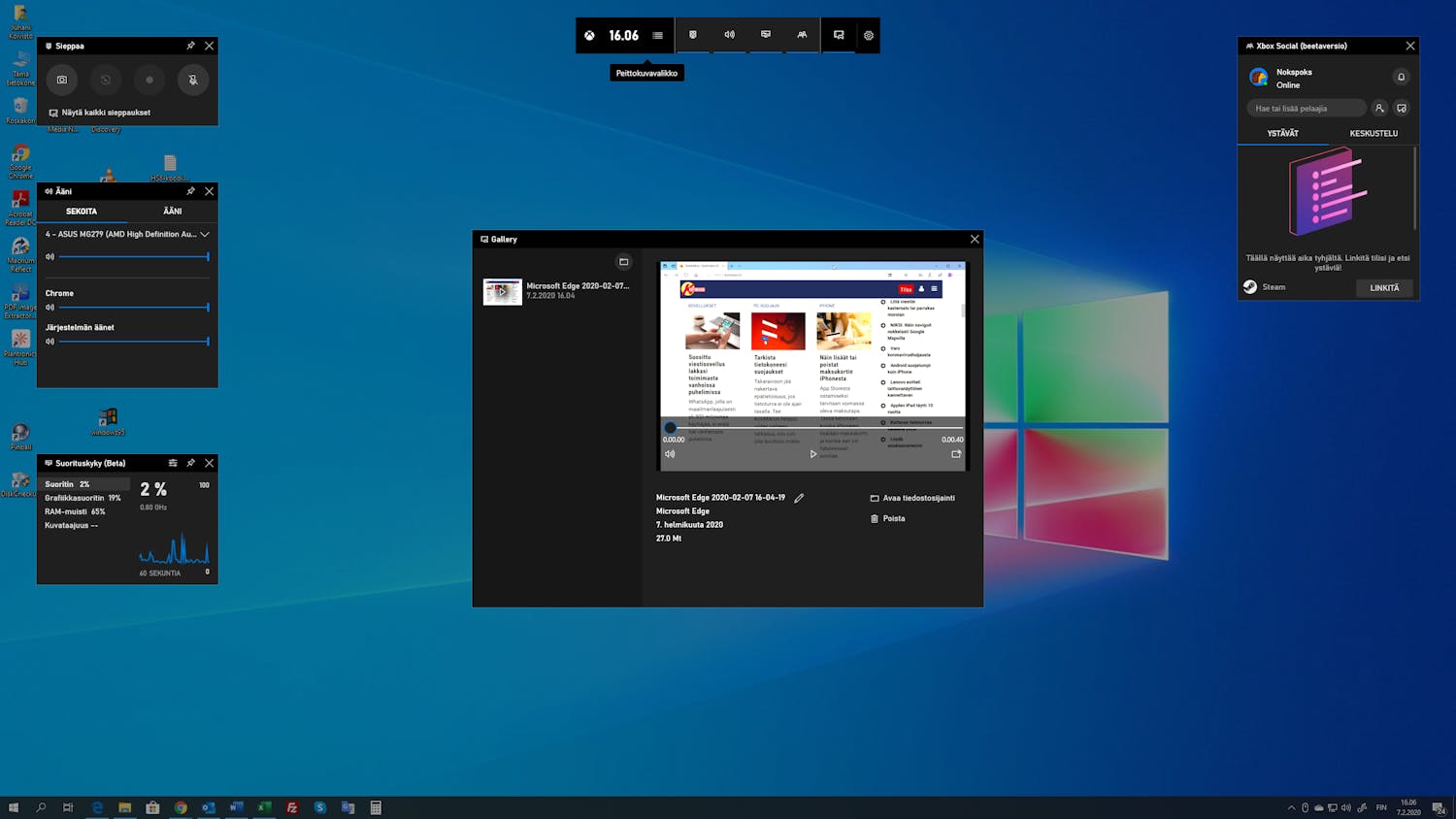 Näyttökuva Windows 10:stä, jossa Pelitila on avattuna työpöydälle